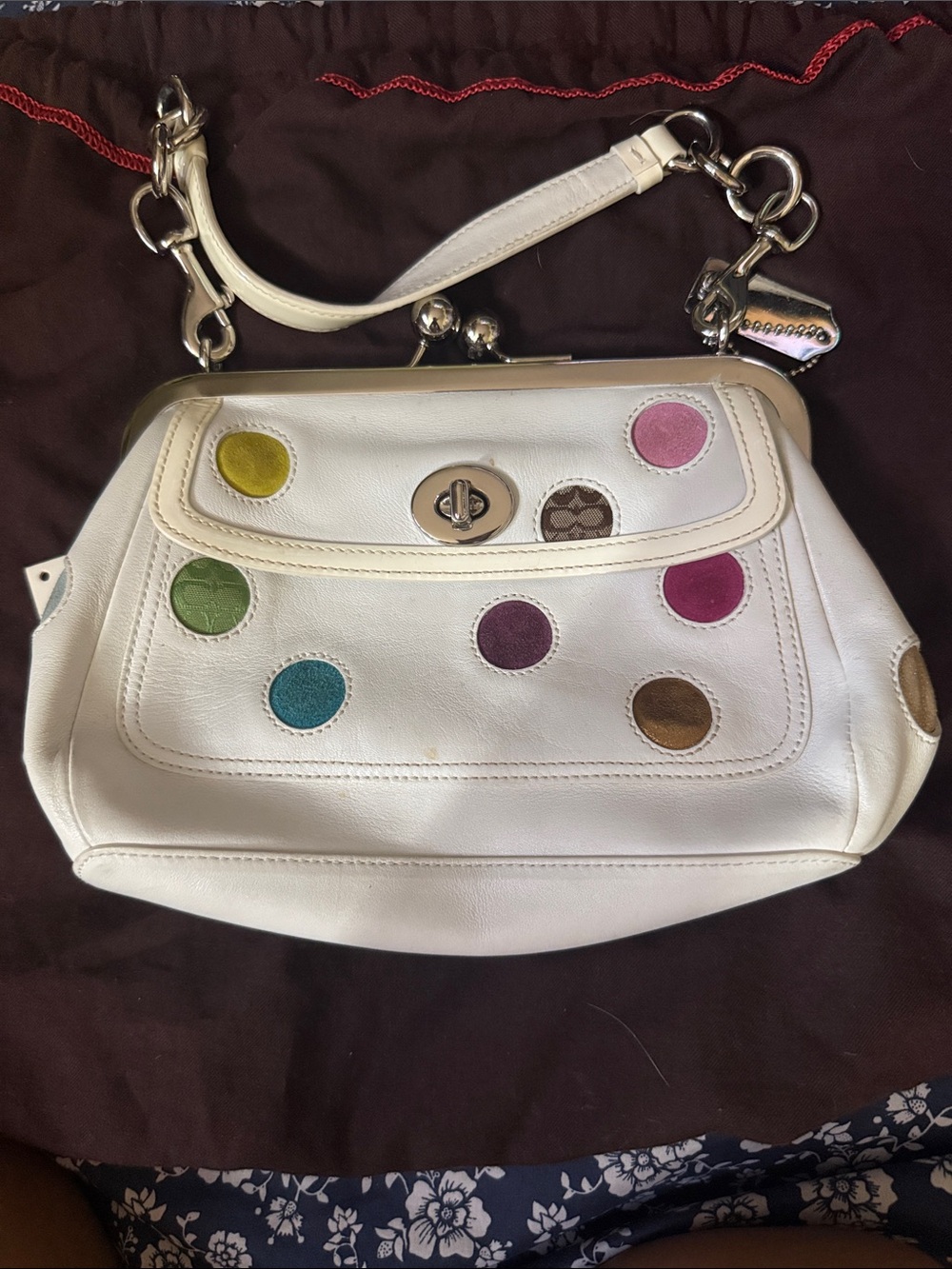 Coach White Leather Shoulder Bag with Multicolor Polka Dots